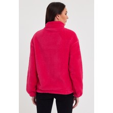 Kef Clothing Fuşya Kadın Hırkası, Fermuarlı Hırka, Oversize Hırka, Peluş Hırka