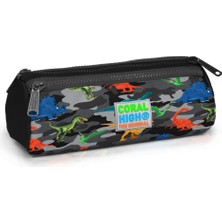 Coral High Üç Bölmeli Kalem Çantası Koyu Gri Siyah Kamuflaj Dinozor Desenli