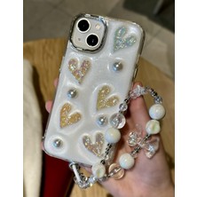 Paladyum Case iPhone 15 Plus Uyumlu Lux Işıltılı Inci Charmlı Kalpli Kılıf