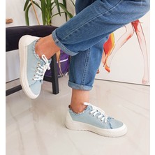 Gdt Ayakkabı Mavi Renk Bağcıklı Düz Taban Kadın Kot Sneakers