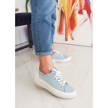 Gdt Ayakkabı Mavi Renk Bağcıklı Düz Taban Kadın Kot Sneakers