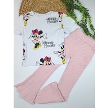 Bonboner Kids Baskılı Minnie Mouse Detaylı Kısa Kollu Flare Pantolonlu Kız Çocuk Takım