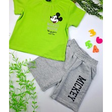 Bonboner Kids Erkek Çocuk Premium Kalite Gri Şort Yeşil T-Shirt Mickey Mouse Baskılı Ikili Takım