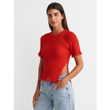 Dilvin 10555 Bisiklet Yaka Yırtık Detaylı Triko Kazak-Kırmızı