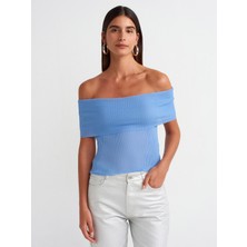 Dilvin 10558 Bardot Yaka Fitilli Ince Triko Kazak-Mavi