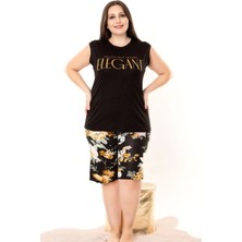 Quilling Siyah Renk ve Çiçekli Lady 10399 Büyük Beden Şortlu Pijama Takımı