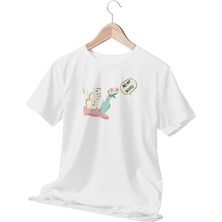 Qoeuyl Boutique Oh No No! Yaramaz Kedi Baskılı Eğlenceli Beyaz Kadın T-Shirt