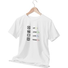 Qoeuyl Boutique Eat Sleep Code Repeat Yazılımcı Mühendis Baskılı Eğlenceli Hediyelik Beyaz  T-Shirt