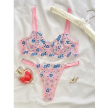 Arinda Azalea Pembe Mavi Çiçek Brode Iç Çamaşırı Takımı