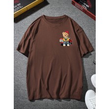 Dogfish Erkek Kahverengi Teddy Baskılı Oversize Bisiklet Yaka Tshirt