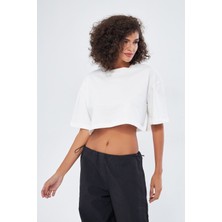 Mesfeno Kadın Basic Oversize Fit %100 Pamuk Bisiklet Yaka Kalın Kumaş Crop T-Shirt