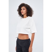 Mesfeno Kadın Basic Oversize Fit %100 Pamuk Bisiklet Yaka Kalın Kumaş Crop T-Shirt