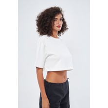 Mesfeno Kadın Basic Oversize Fit %100 Pamuk Bisiklet Yaka Kalın Kumaş Crop T-Shirt