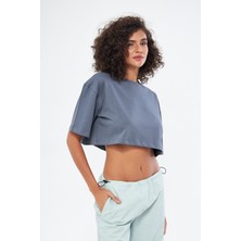 Mesfeno Kadın Basic Oversize Fit,  %100 Pamuk Bisiklet Yaka Kalın Kumaş Crop T-Shirt