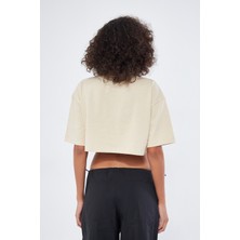 Mesfeno Kadın Basic Oversize Fit,  %100 Pamuk Bisiklet Yaka Kalın Kumaş Crop T-Shirt