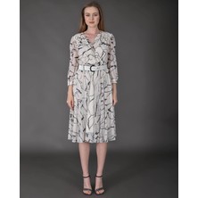 Modatalika Kadın Midi Boy Desenli Truvakar Kol Kemer Detaylı Yeni Sezon Elbise