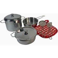 Metal Paslanmaz Çelik Oyuncak Tencere Tava Seti 8 Parça Aksesuarlı - Evcilik Mutfak Tencere Seti