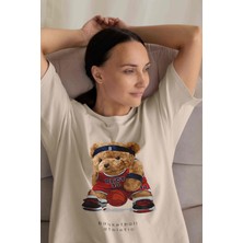 Dogfish Kadın Lila Teddy Baskılı Oversize T-Shirt