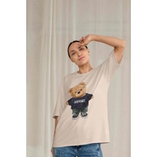 Dogfish Kadın Lila Teddy Baskılı Oversize T-Shirt