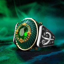 Takılingo 925 Ayar Gümüş Yeşil Kehribar Taşlı Elif Vav Işlemeli Usta Işi Erkek Yüzük
