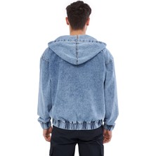Mesfeno Clothing Mesfeno Fermuarlı Kapüşonlu Denim Kumaş Erkek Sweatshirt, Oversize Kesim,  Pamuk, Kanguru Cepli, Ip Detaylı Kapüşon, Beli Lastikli