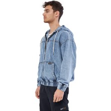 Mesfeno Clothing Mesfeno Fermuarlı Kapüşonlu Denim Kumaş Erkek Sweatshirt, Oversize Kesim,  Pamuk, Kanguru Cepli, Ip Detaylı Kapüşon, Beli Lastikli