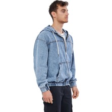 Mesfeno Clothing Mesfeno Fermuarlı Kapüşonlu Denim Kumaş Erkek Sweatshirt, Oversize Kesim,  Pamuk, Kanguru Cepli, Ip Detaylı Kapüşon, Beli Lastikli