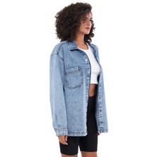 Mesfeno Clothing Mesfeno Kadın Gömlek Ceket,  Oversize Kesim Kalın Kumaş, 2 Cep Detaylı, %100 Pamuk, Metal Düğmeli Mavi Denim  Denim