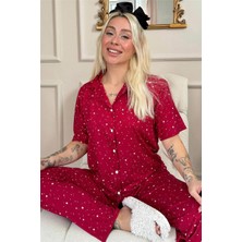 Pijama Evi Bordo Mini Yıldız Desenli Bambu Önden Düğmeli Kısa Kol Pijama Takımı