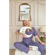 Pijama Evi Lila Mini Yıldız Desenli Bambu Önden Düğmeli Kısa Kol Pijama Takımı
