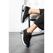 Shoetek Doina Kadın Sneakers  Bağcıklı Triko Dokumalı Full Taşlı Spor Ayakkabı Siyah