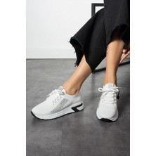 Shoetek Luminita Kadın Sneakers  Bağcıklı Triko Dokumalı Yandan Taşlı Spor Ayakkabı Beyaz