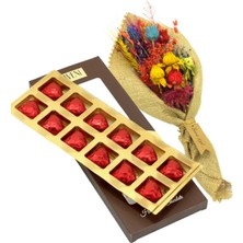 Vaveni Kuru Çiçek Buketi ve Kırmızı Kalp Çikolata