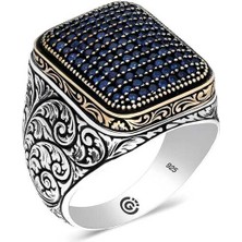 Gumush Gümüş Lacivert Zirkon Taşlı Kare Erkek Yüzük