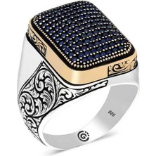 Gumush Gümüş Lacivert Zirkon Taşlı Kare Erkek Yüzük