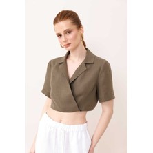 ROMAN Erkek Yaka Kruvaze Keten Crop Haki Y2413527_023