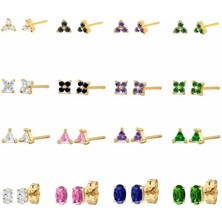 Mingjin Shop2 LN0028-8 925 Ayar Gümüş Iğne Küçük Geometri Üçgen Kristal Düğme Küpe Kadın Aşıklar Çiftler Için Bling Basit Delici Küpe (Yurt Dışından)