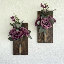 ST Dekor Mor Gül Çiçekli Duvar Dekoru Ceviz Ikili Set