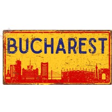 Hayg Equipment Bükreş Silüetli Dekoratif Alüminyum Tabela - Retro Metal Duvar Dekoru - Bükreş Manzaralı Levha -15 cm   x 30 cm