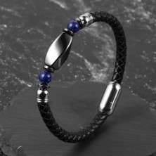 Mingjin Shop 1 18CM Tarzı Kaymaktaşı Doğal Taş Hakiki Deri Wrap Bilezik Erkekler Için Paslanmaz Çelik Manyetik Toka Kaplan Gözü Hemati Charm Boncuk Bileklik Bilezik (Yurt Dışından)