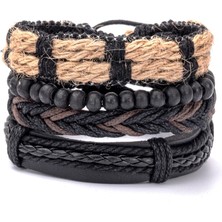 Mingjin Shop 1 Ayarlanabilir Stil A10 Eif Dock Yeni Trendy El Yapımı Etnik Tribal Hakiki Halat Sarma Büyüleyici Erkek Pulsera Siyah Örgülü Deri Bileklik Bilezik (Yurt Dışından)