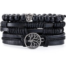 Mingjin Shop 1 Ayarlanabilir Stil A7 3-Ets Vintage Çapa, Yaprak, Baykuş Bilezikler Erkekler Için Moda Siyah Deri Bilezik ve Bilezikler Çok Katmanlı Geniş Wrap Takı (Yurt Dışından)