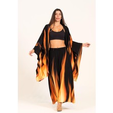 Keyifli Moda Kadın Turuncu Siyah Alev Desenli Tunik Pantolon Ikili Takım