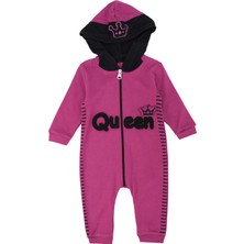 Bebelop Kız Bebek Quenn Baskılı Fermuarlı Kapüşonlu Yandan Şeritli Tulum