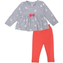 Bebelop Kız Bebek Kuş Baskılı Fiyonklu Tunik Taytlı 2'li Alt Üst Takım