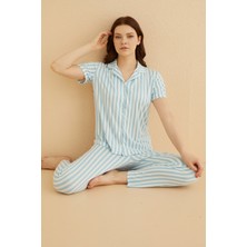 Farya Home Dreamy Secret Bambu Kumaş Çizgili Kısa Kollu Gömlek Pijama Takımı