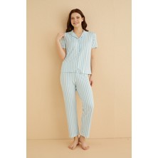 Farya Home Dreamy Secret Bambu Kumaş Çizgili Kısa Kollu Gömlek Pijama Takımı