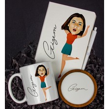 Ejoya Kişiye Özel Karikatür Tasarım Defter Kalem Kupa ve Bardak Altlığı Hediye Seti 96221