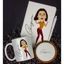 Ejoya Kişiye Özel Karikatür Tasarım Defter Kalem Kupa ve Bardak Altlığı Hediye Seti 96225