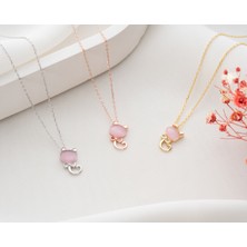 Charmora 925 Ayar  Pembe Kaplı Ay Taşlı Gümüş Kedi Kolye